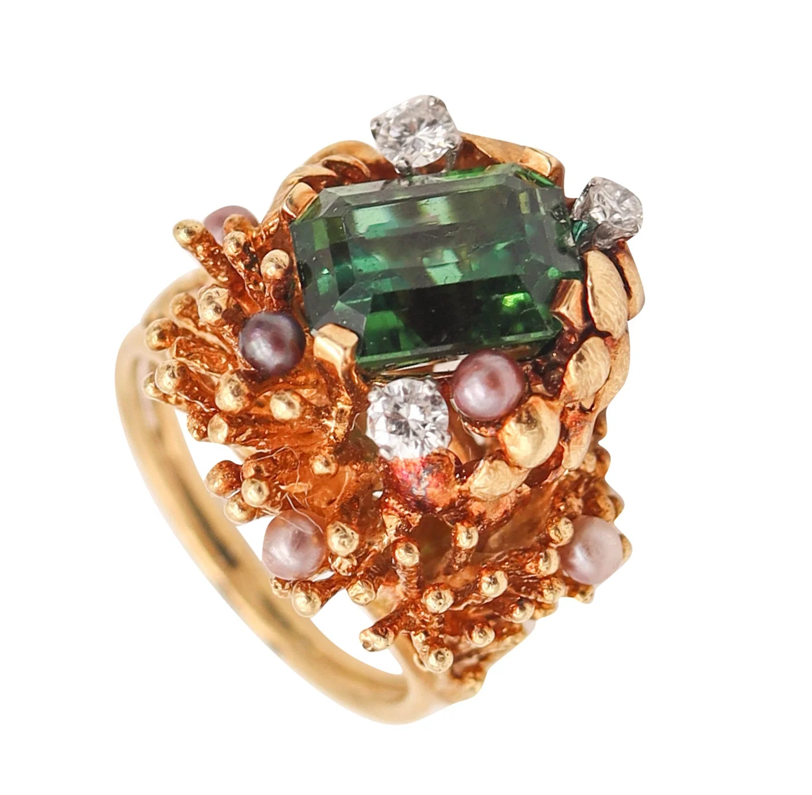 GILBERT ALBERT 1970 Sculptural Organic Ring In 18Kt Gold Diamonds & Tourmaline