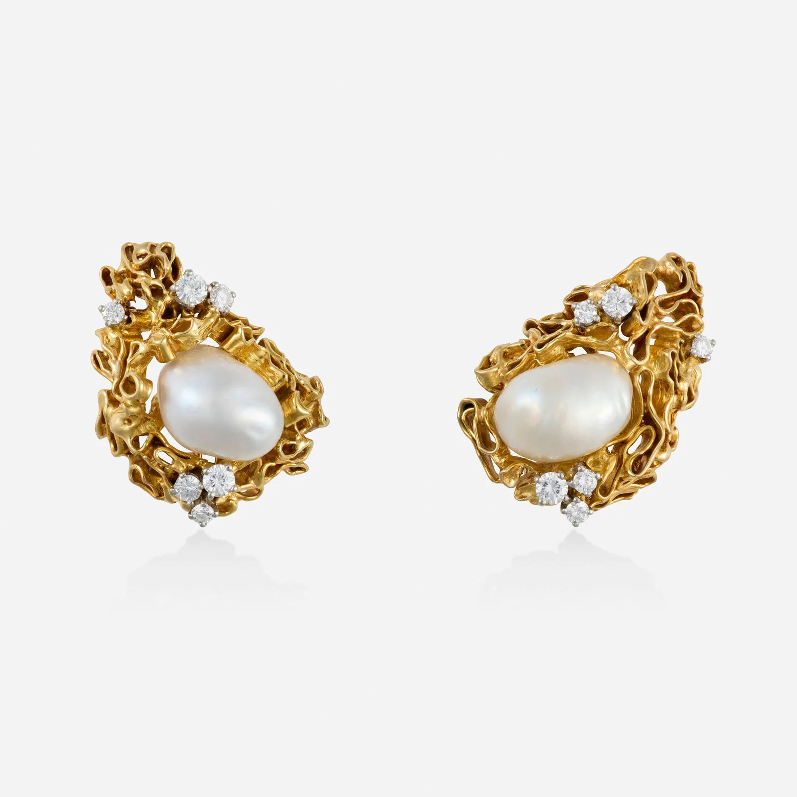 Gilbert Albert, Diamond, baroque cultured pearl, and gold earrings