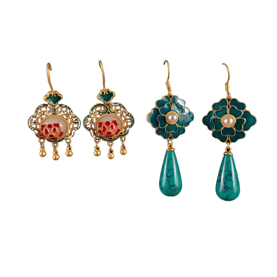 Gilded and blue earrings, flower design, turquoise teardrop earrings