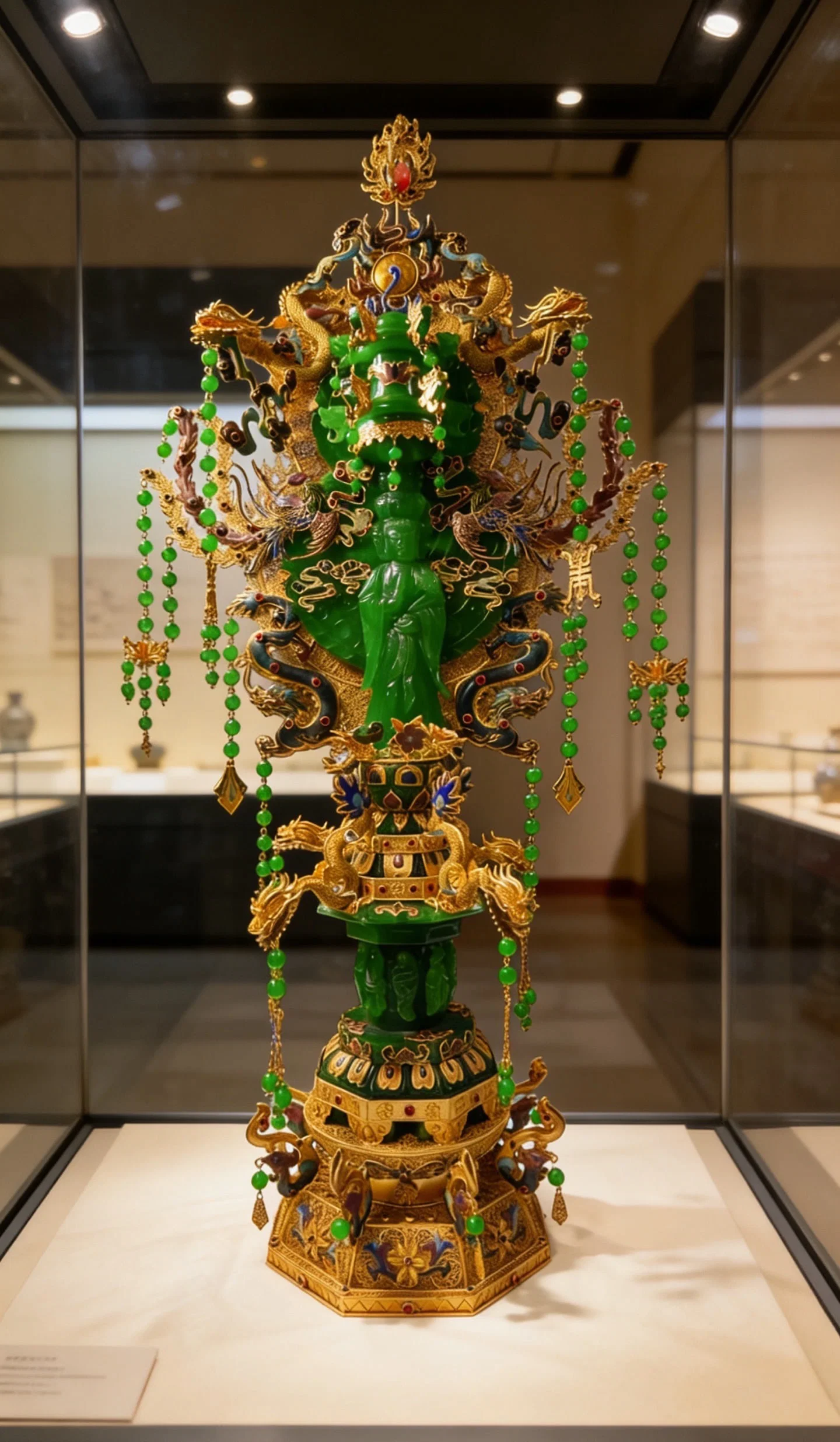 Gilded Filigree Ruyi Guanyin Inlaid with High-Ice Jadeite