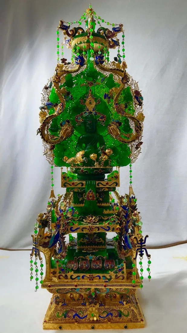 Gilded Filigree Sakyamuni Buddha Statue Inlaid with Jadeite
