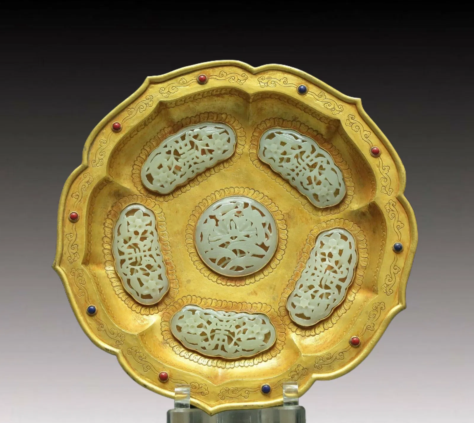 Gilt Bronze Inlaid White Jade 'Lotus' Plate