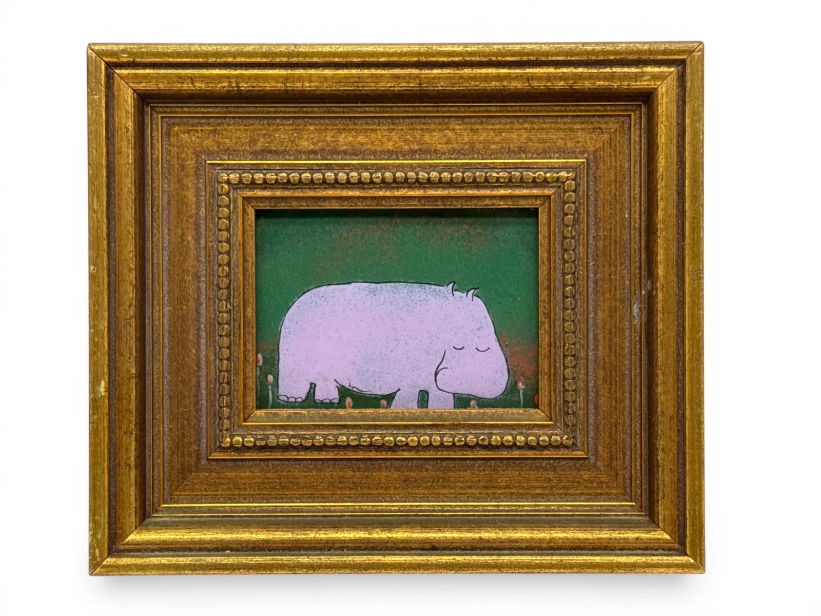 Gilt-Framed Miniature Enameled Hippo