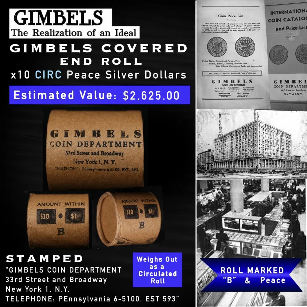 GIMBLES Circ Peace Dollar $1 Roll 10 Coin B Grade