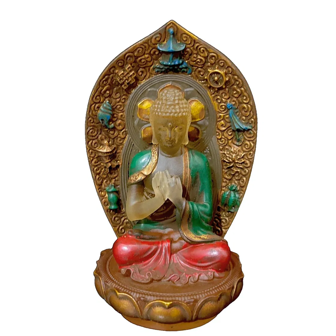 Glass Buddha with Yellow Halo in Brocade Box