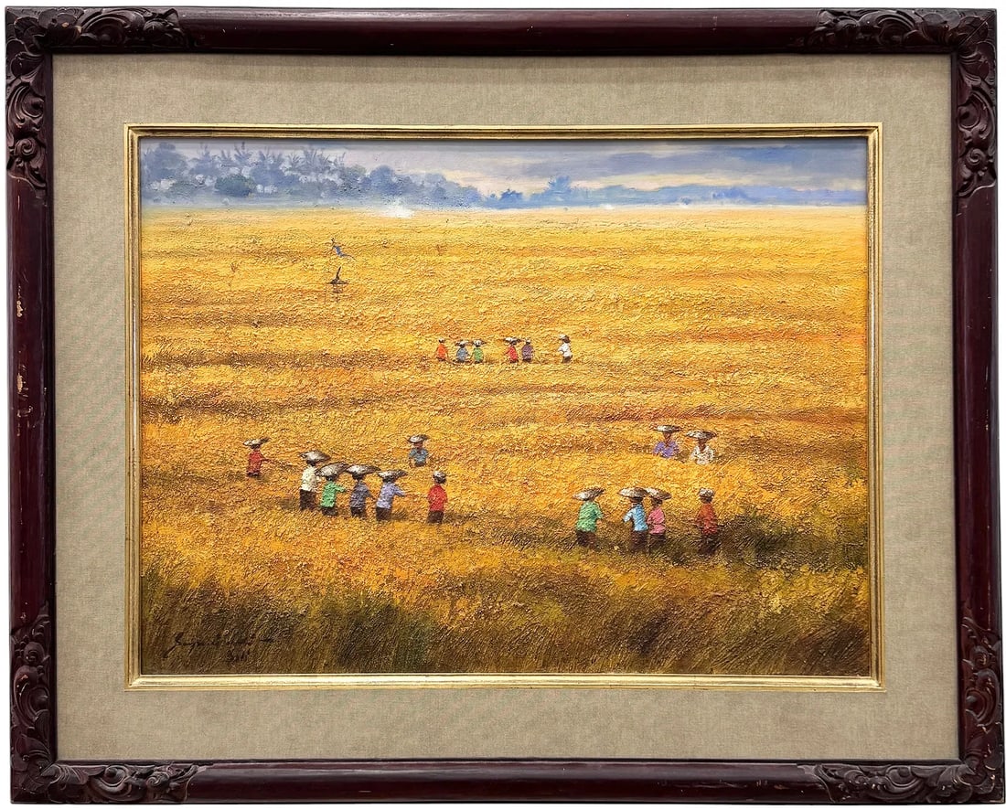 Golden Harvest, Balinese Indonesian Rice Fields Impressionist Signed Oil Painting
