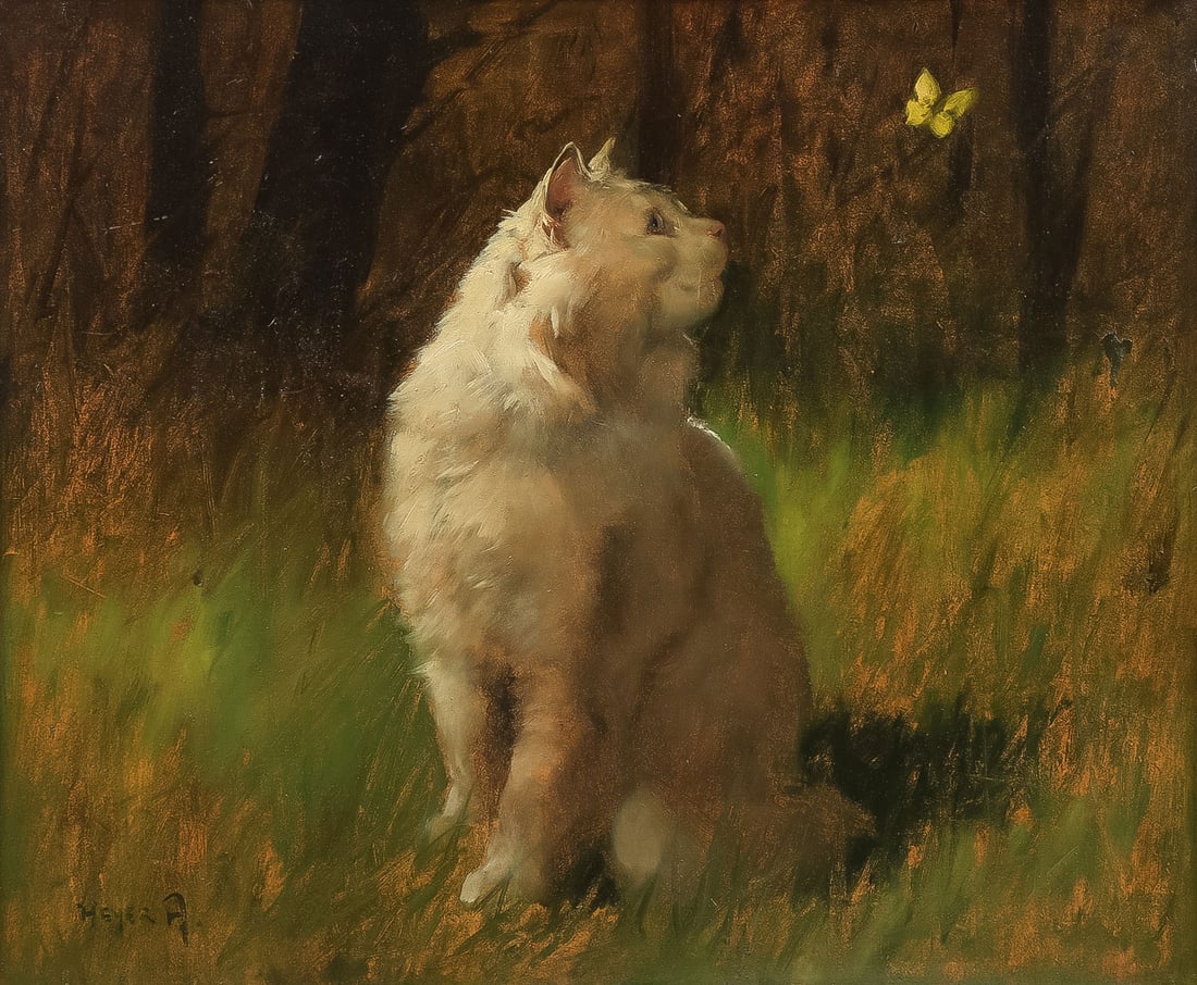 GOOD SIGNED ARTHUR HEYER CAT PAINTING