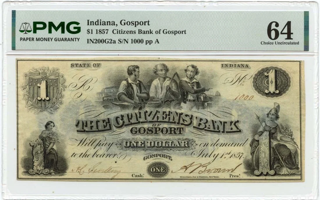 Gosport Citizens Bank 1857 Obsolete One Dollar Note PMG Certified CU64