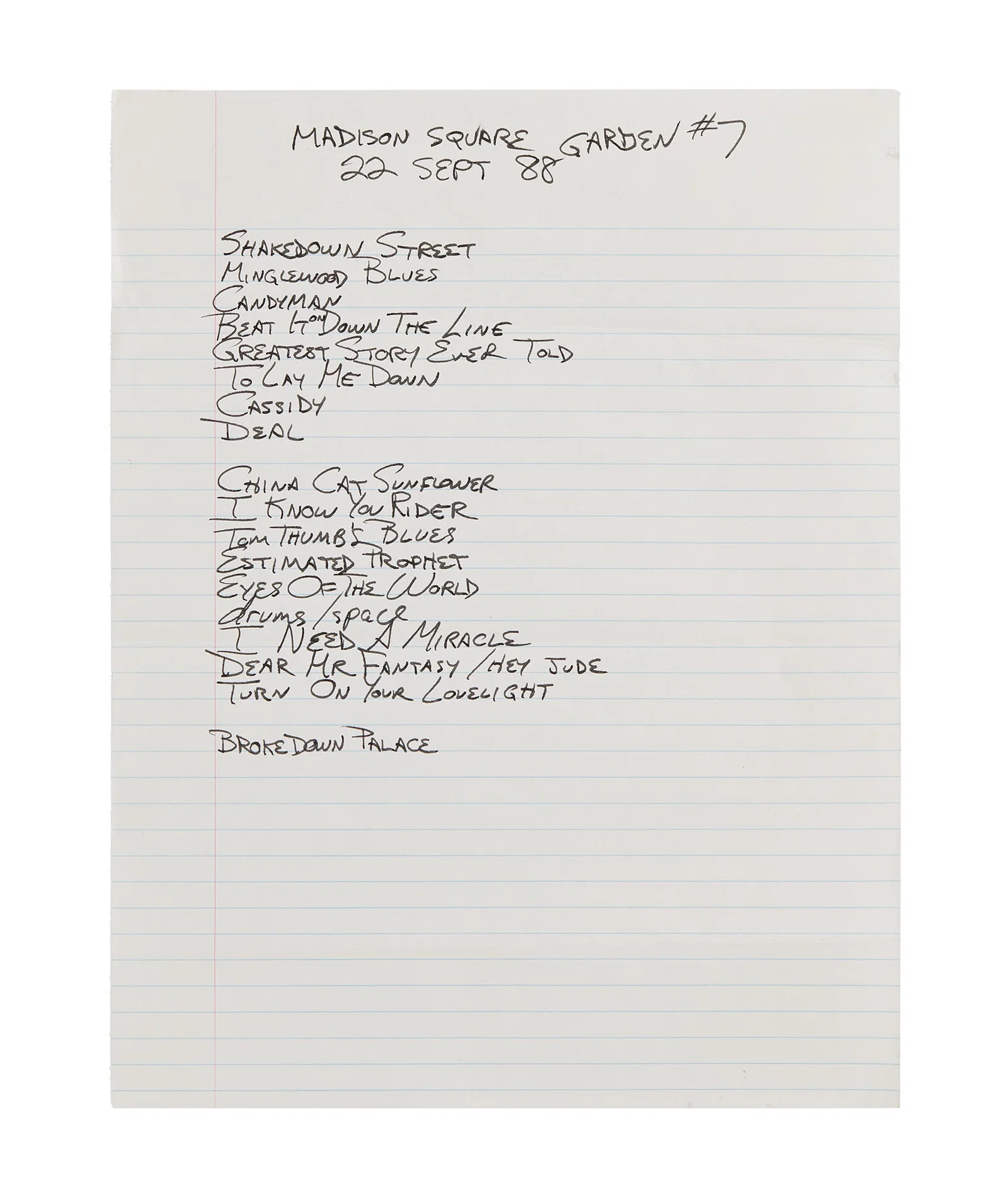 Grateful Dead | 1988 Jan Simmons "Madison Square Garden #7" Handwritten Setlist