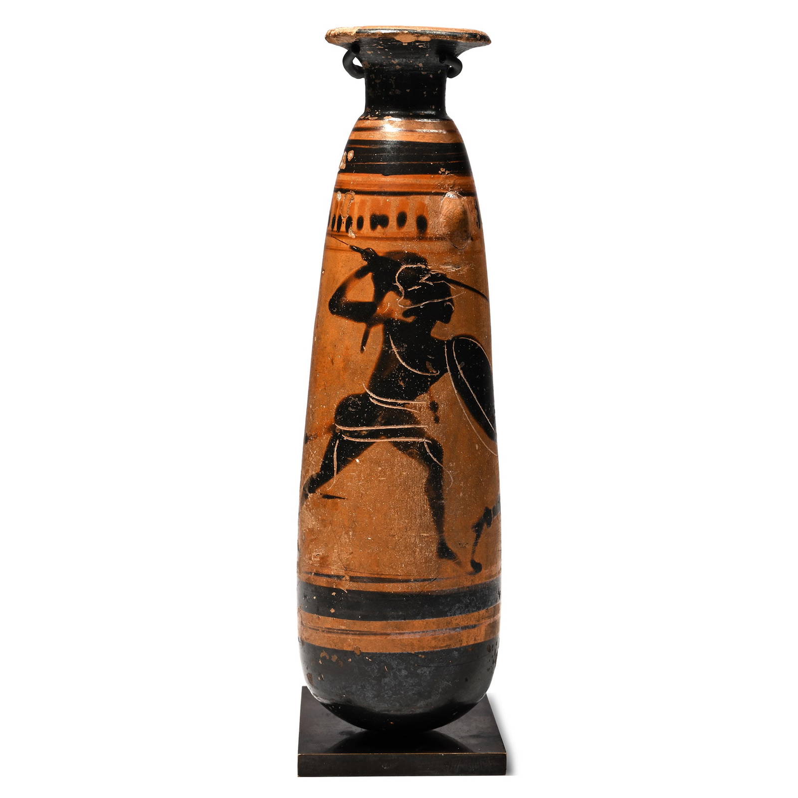 Greek Black-Figure Alabastron with Fighting Warriors