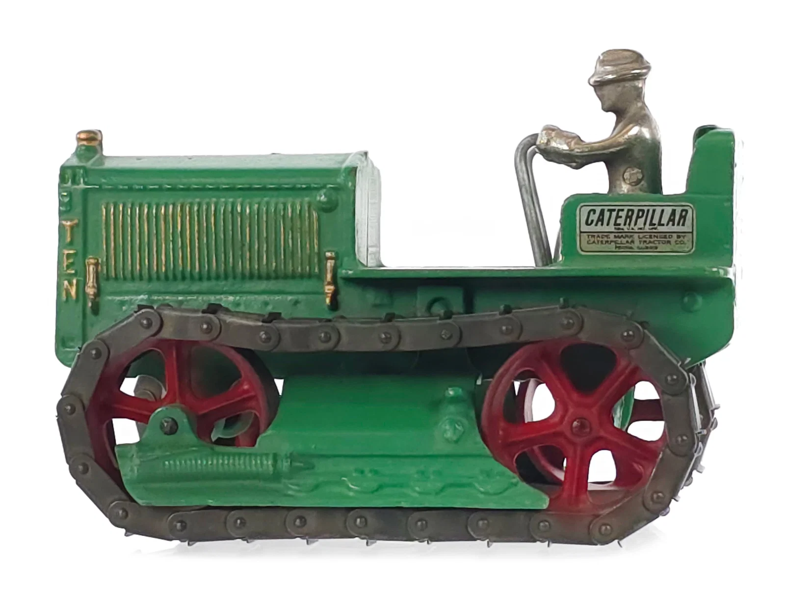 Green Arcade Toys Caterpillar Tractor with Plated Cast Iron Driver