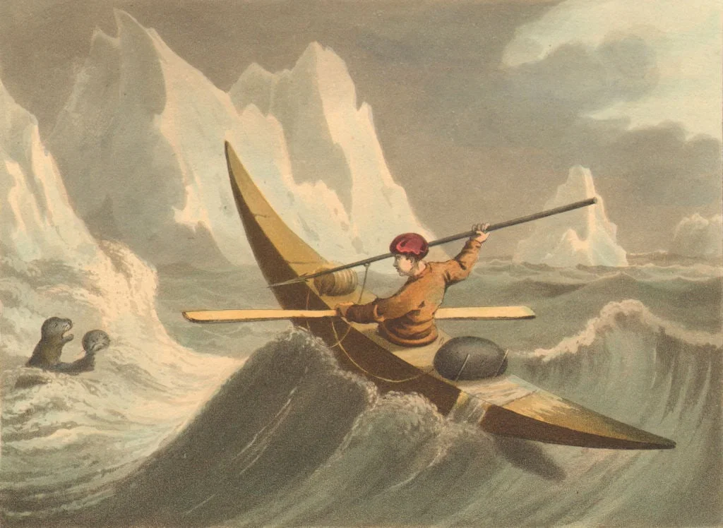 GREENLAND.Seal catching.Harpoon Kayak Canoe.(Field Sports-Edward Orme) 1814