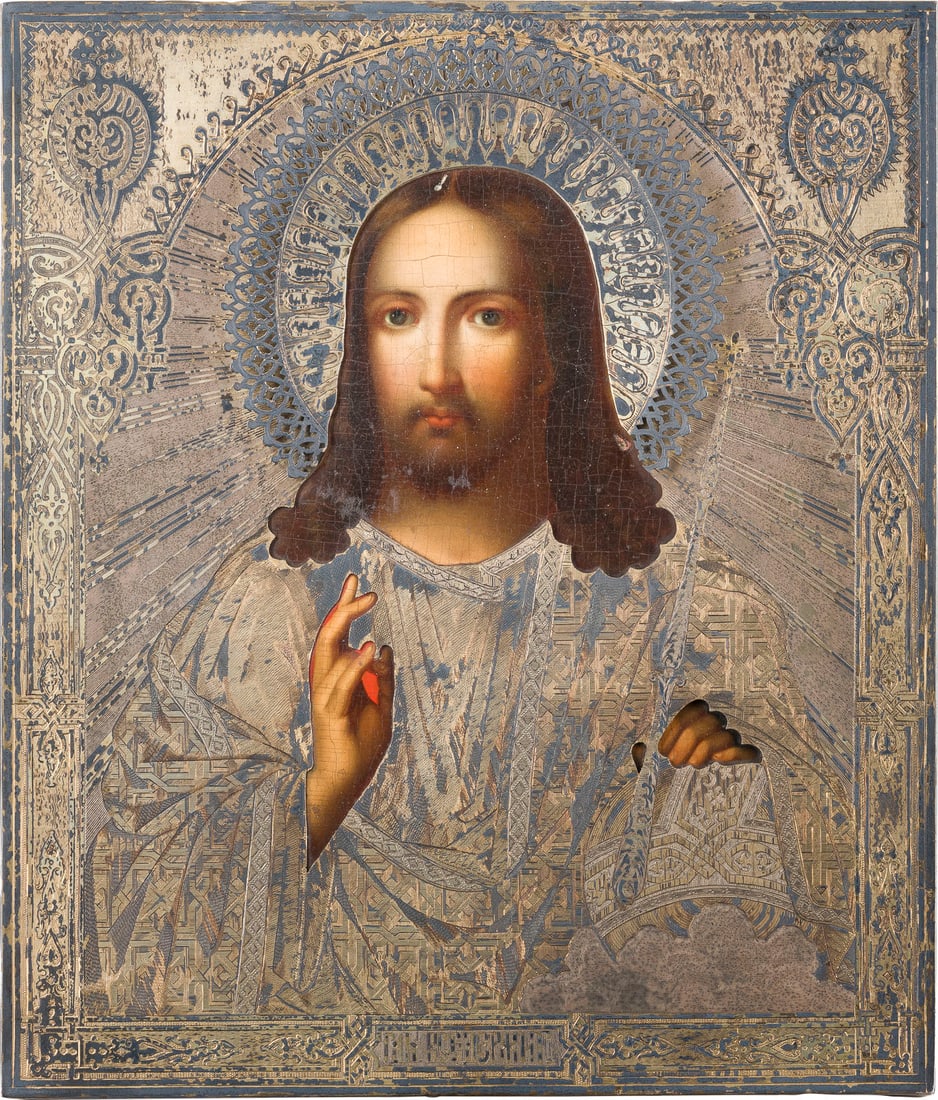 | GROSSE IKONE MIT CHRISTUS DEM WELTENHERRSCHER MIT VERMEIL-OKLAD