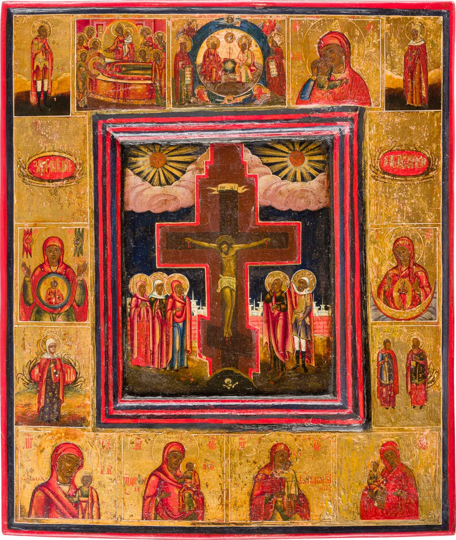 | GROSSE IKONE MIT DER KREUZIGUNG CHRISTI, GNADENBILDERN DER GOTTESMUTTER UND AUSGEWAeHLTEN HEILIGEN