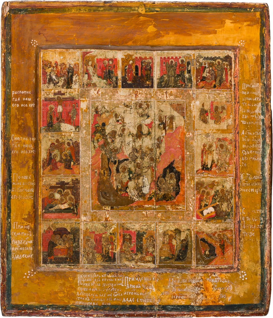 | GROSSE UND SELTENE IKONE MIT DER HOeLLENFAHRT UND AUFERSTEHUNG MIT 16 SZENEN DER PASSION