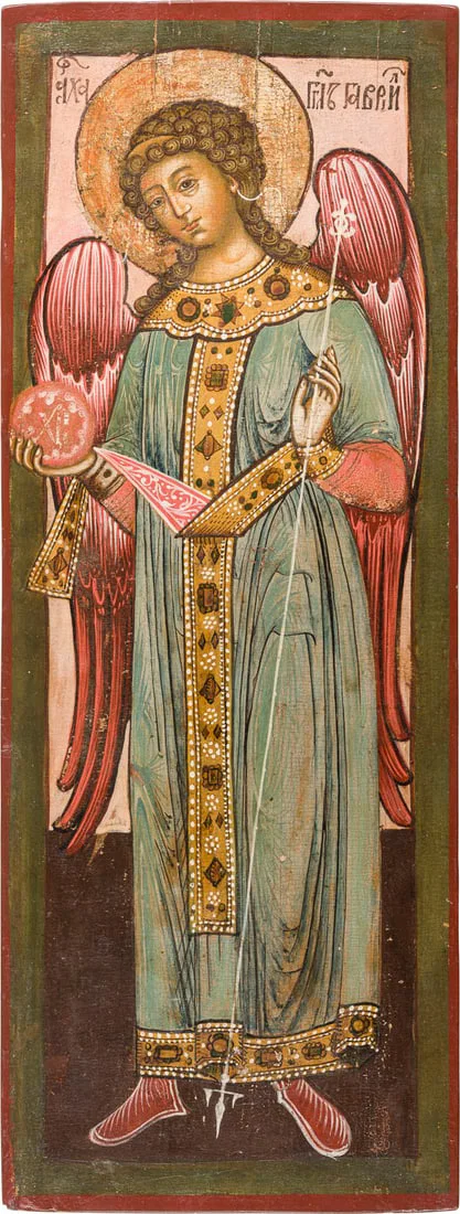 | GROSSFORMATIGE IKONE MIT DEM ERZENGEL GABRIEL AUS EINER KIRCHEN-IKONOSTASE