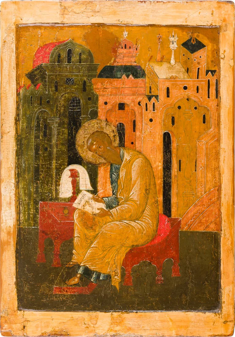 | GROSSFORMATIGE IKONE MIT DEM EVANGELISTEN MATTHAeUS AUS EINER KOeNIGSTUeR