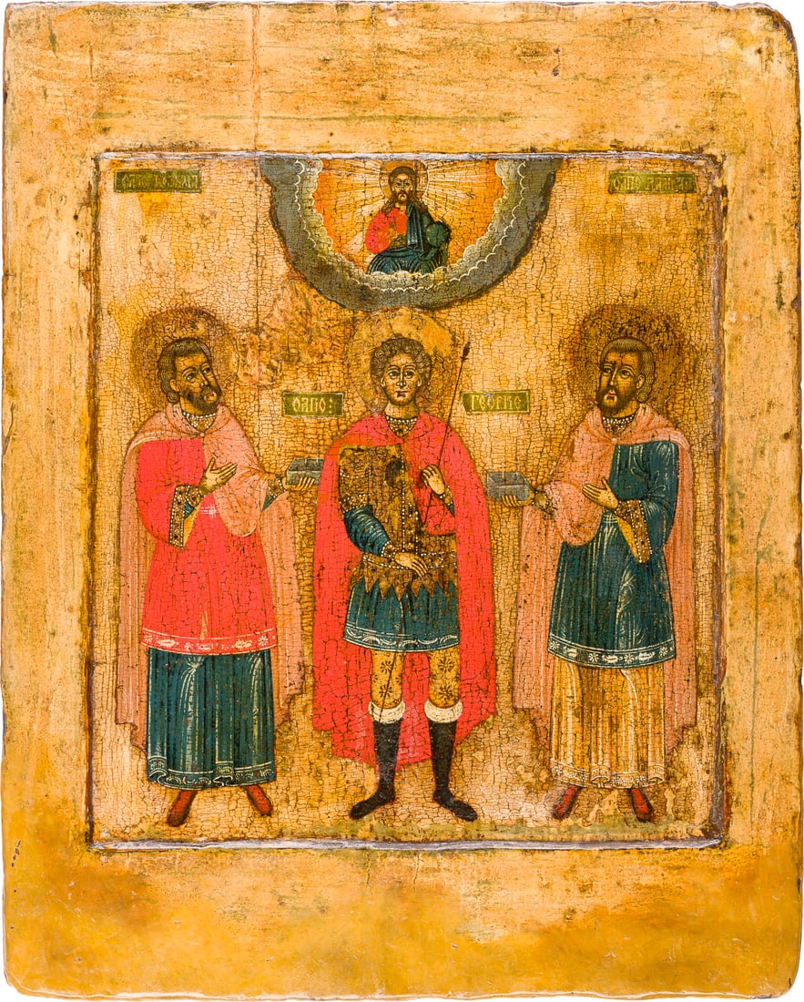 | GROSSFORMATIGE IKONE MIT DEM KRIEGERHEILIGEN GEORG FLANKIERT VON KOSMAS UND DAMIAN