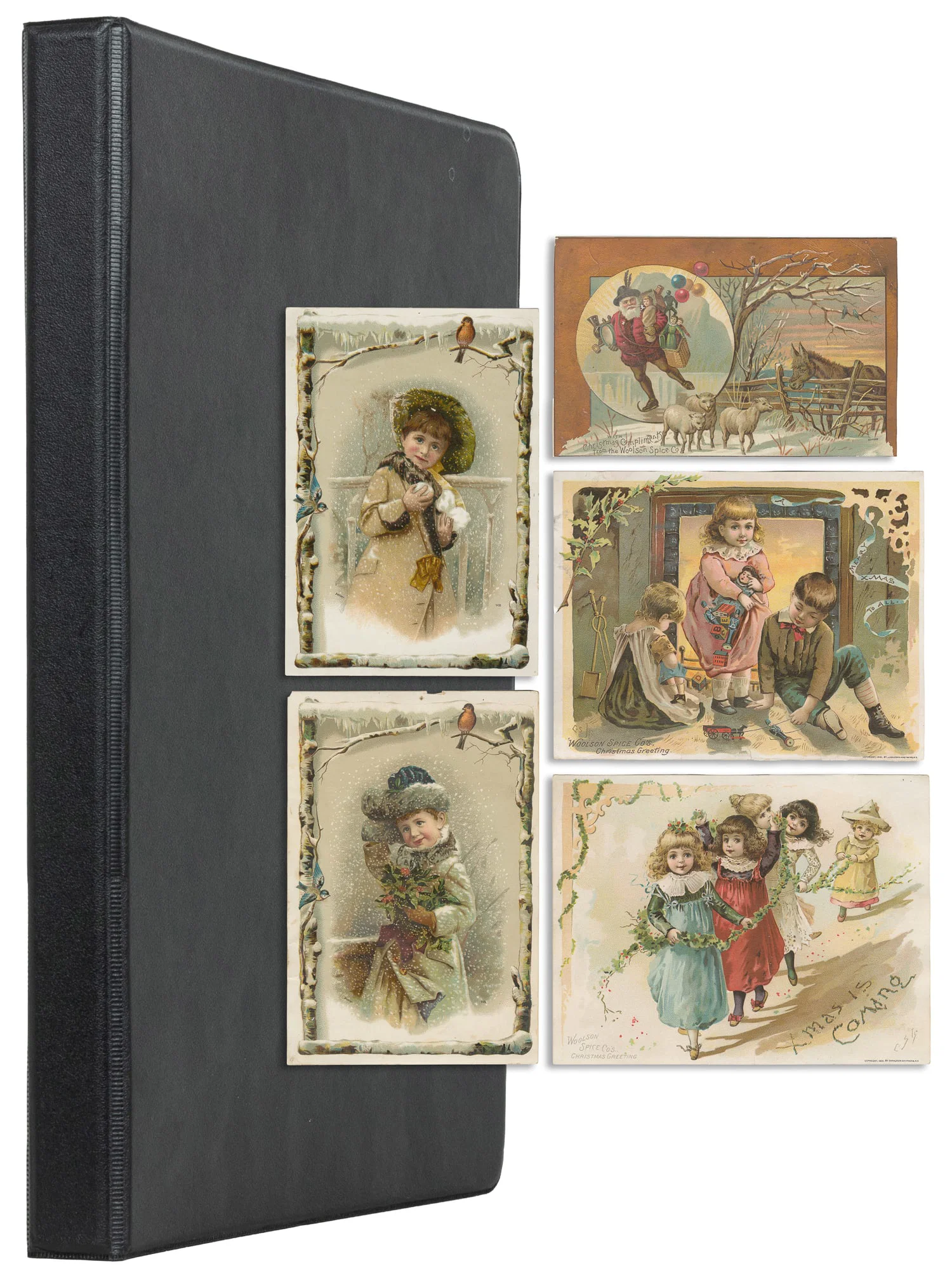 Group of 23 chromolithograph trade cards, mostly Christmas.
