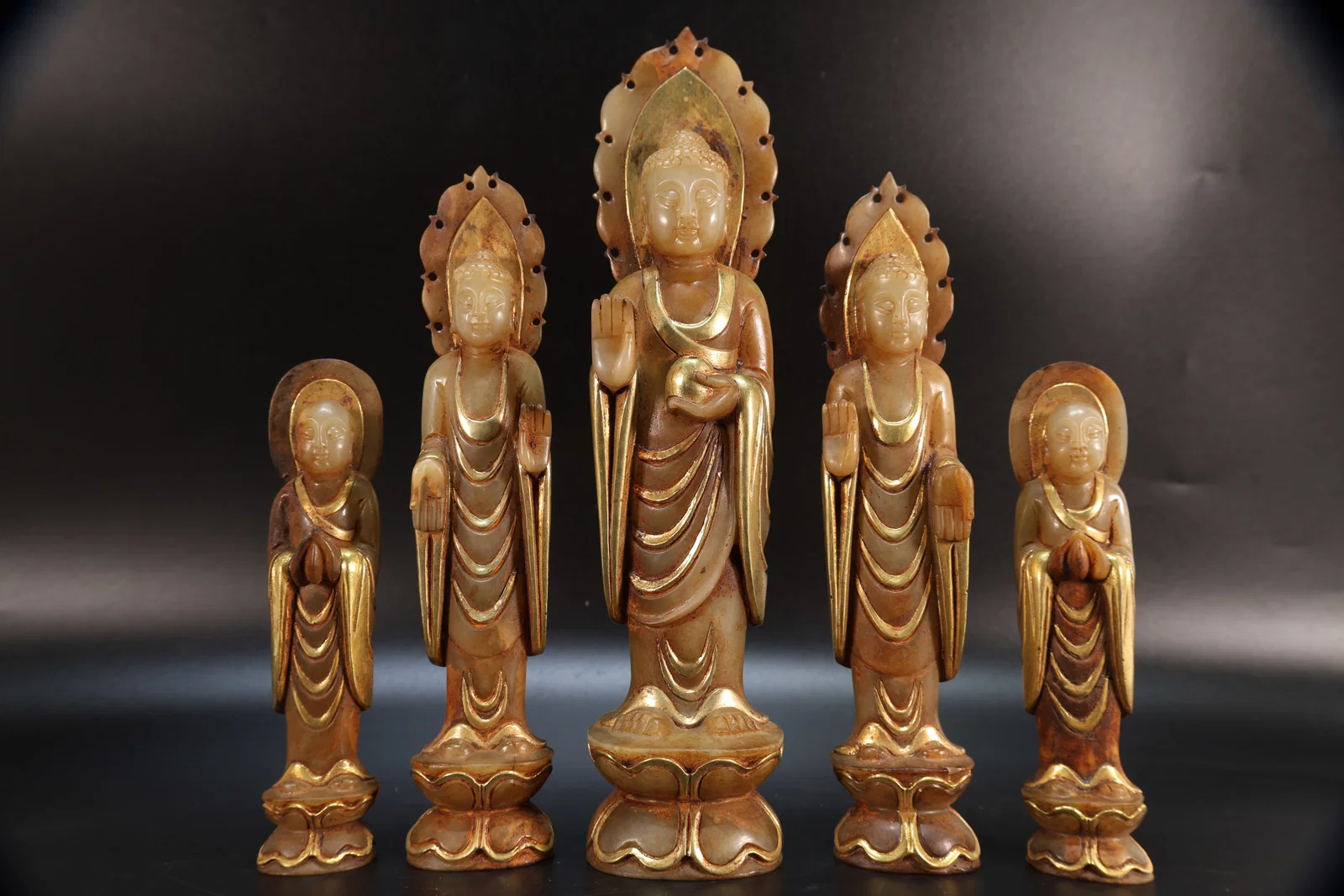 Group of Five Gilt Jade Sakyamuni and GuanYin & Arhat Figure