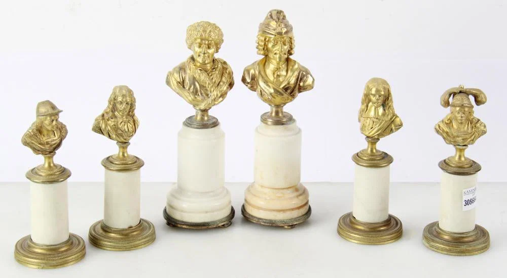 Group of Gilt Bronze Busts on Marble Columns