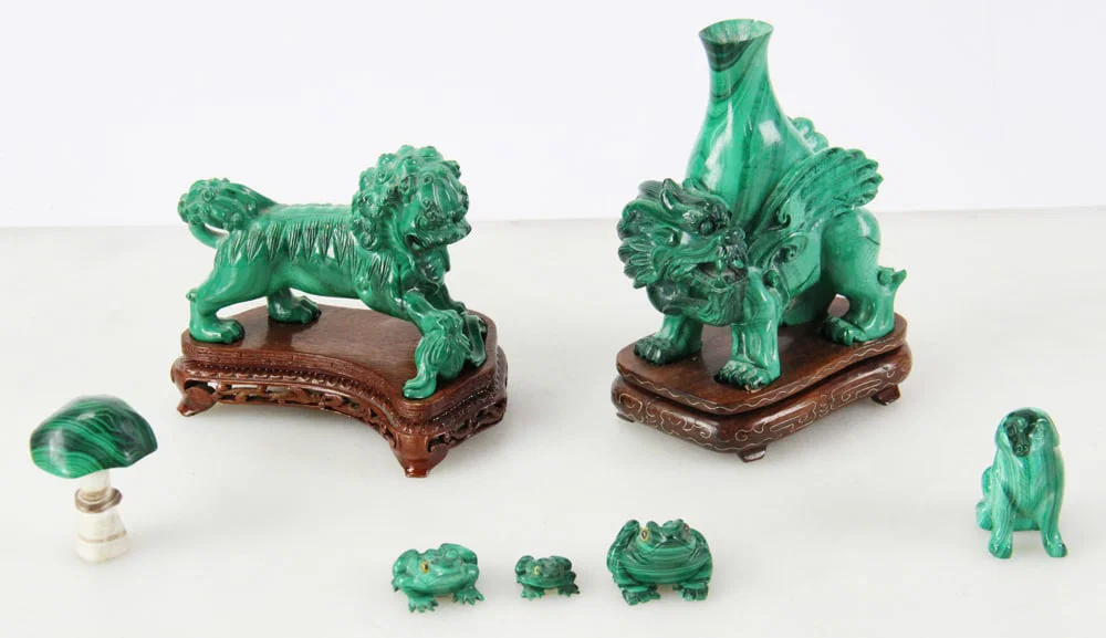 Group of Malachite Figures, Frogs, Foo Lion, etc.