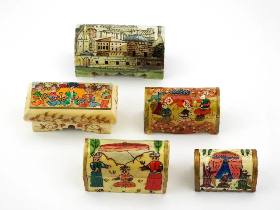 Group of Persian TRINKET BOXES Hand Painted Bone & Gilt Miniature Work