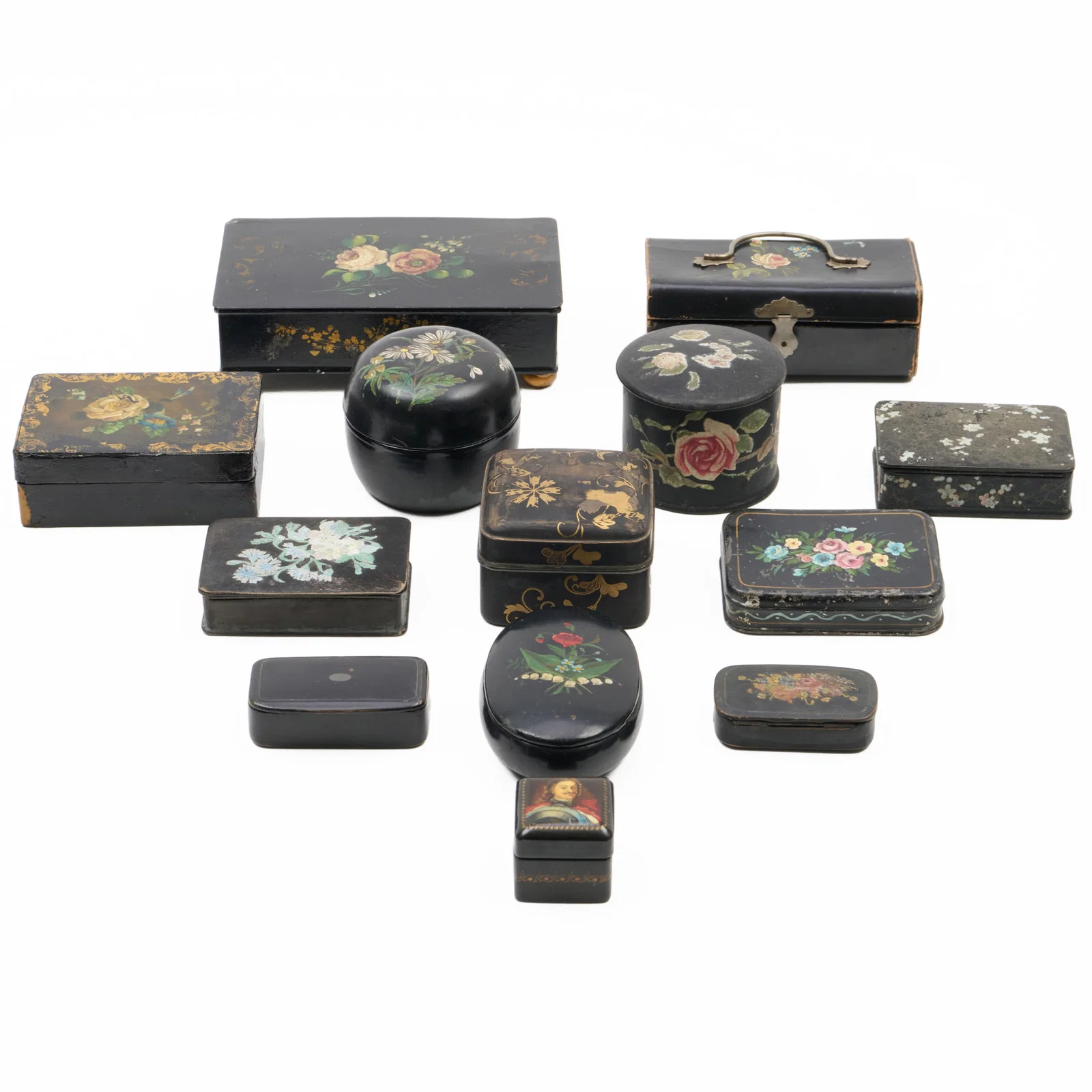 Group of Thirteen Papier-Macha and Lacquer Boxes