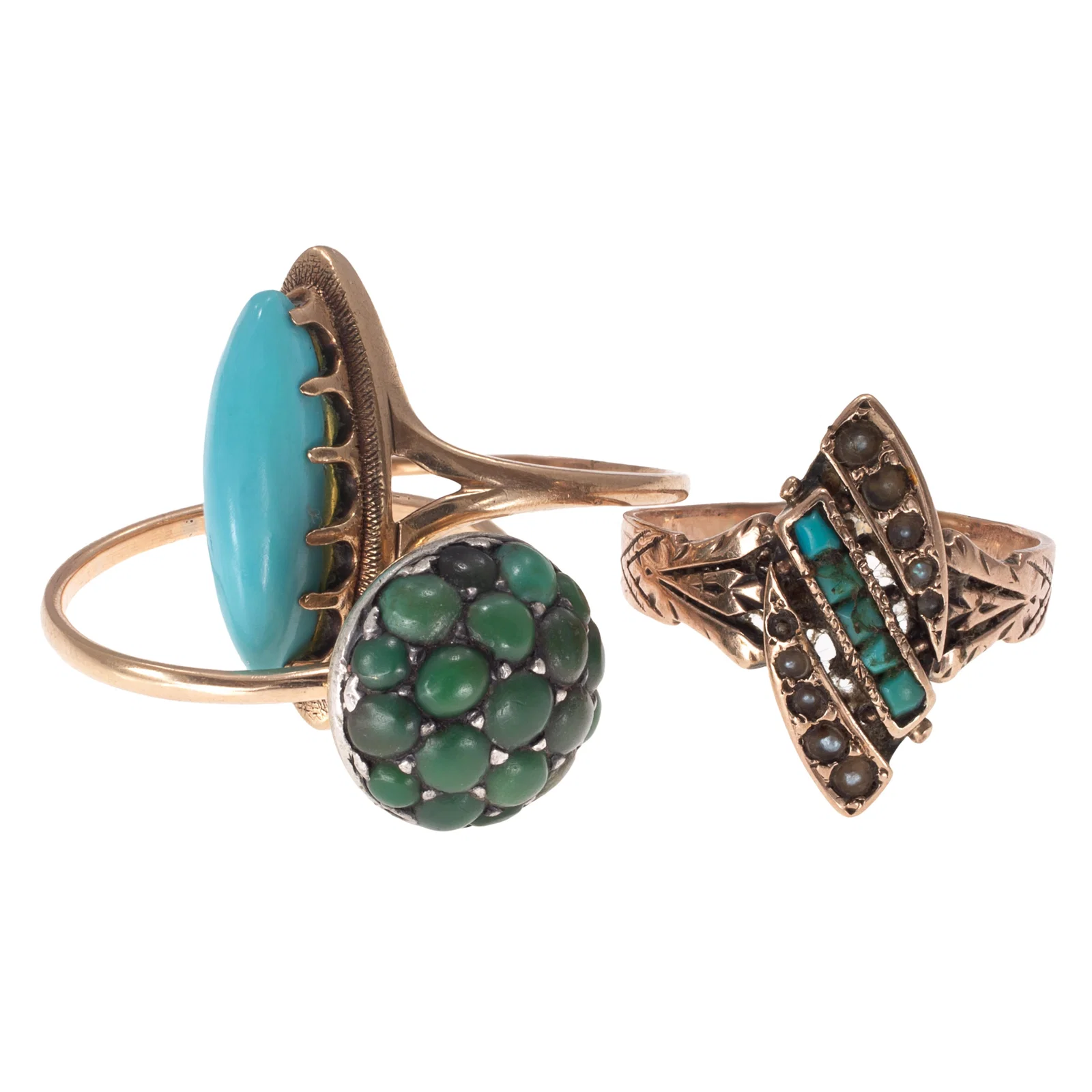 Group of Three Victorian Turquoise Yellow Gold Rings