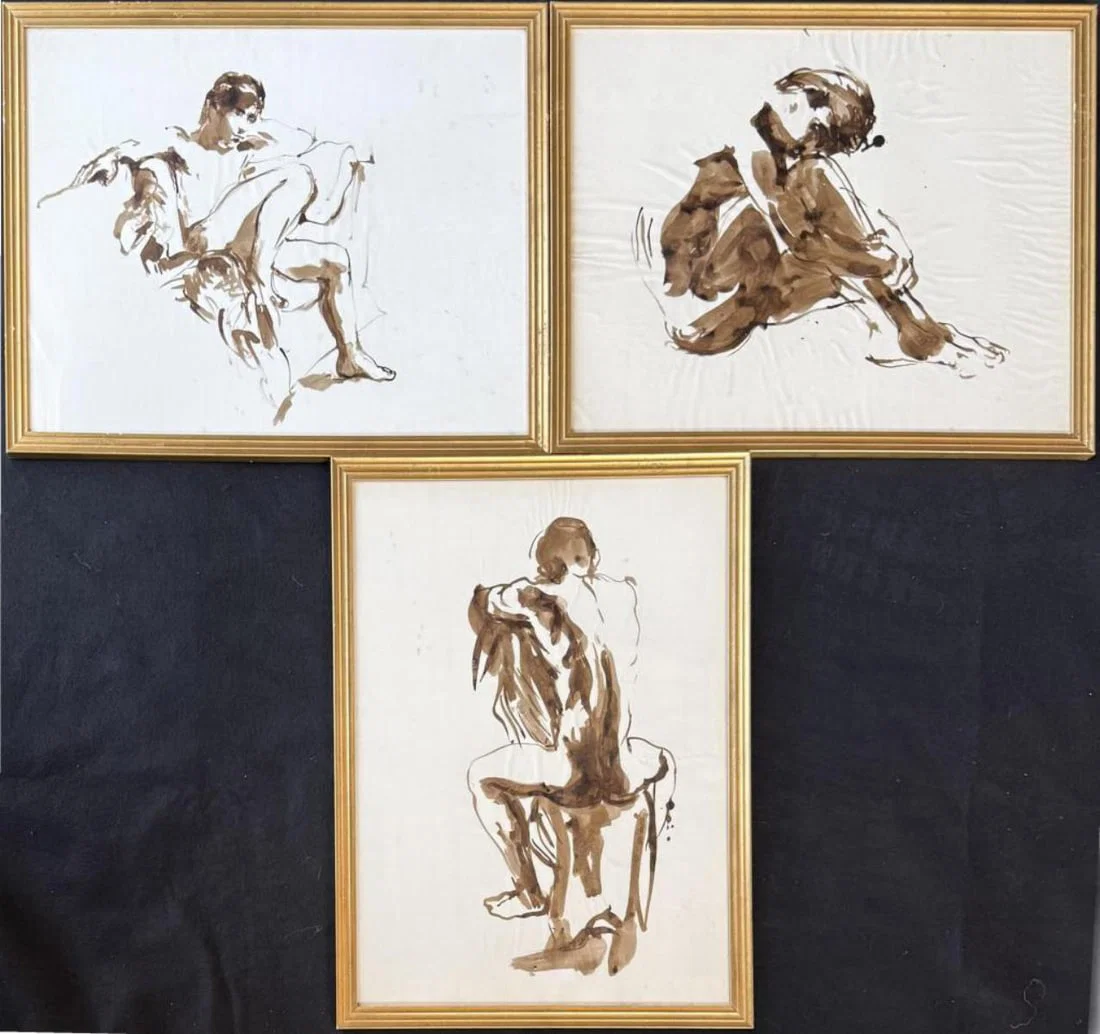 Group Three Framed Nude Line Drawings