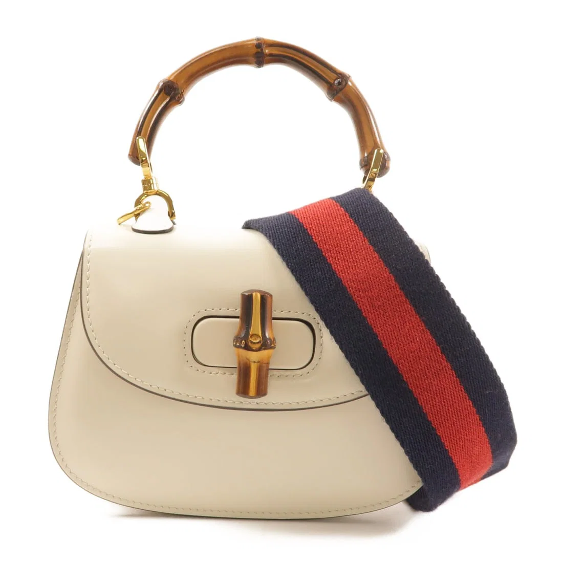 Gucci Bamboo 1947 Calfskin 2 Way White Shoulder Bag with Gold Hardware