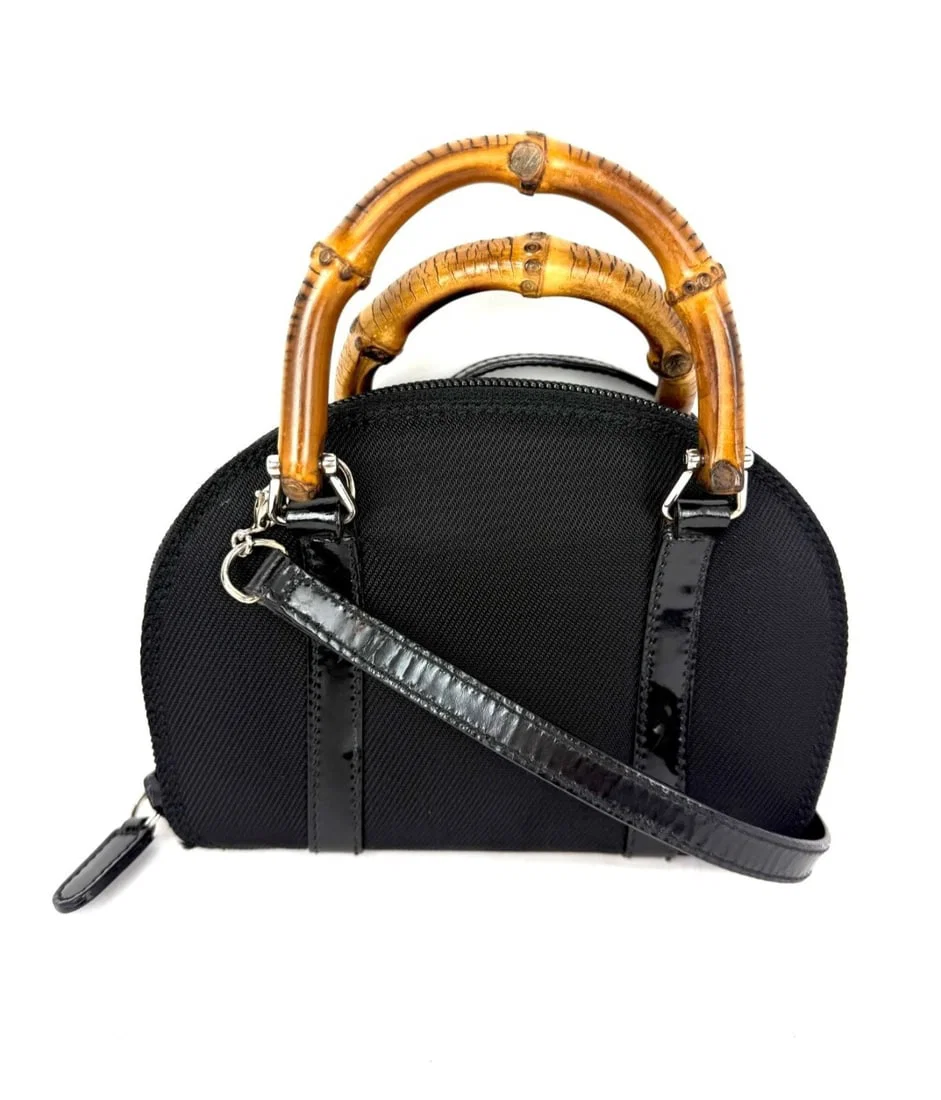 Gucci Bamboo Mini Canvas Black Half Moon Crossbody with Detachable Strap
