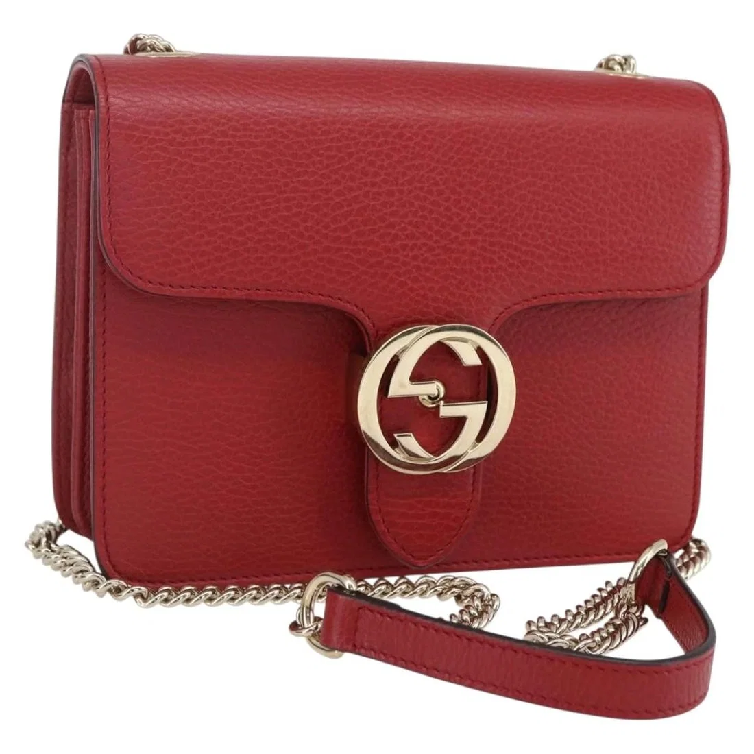 GUCCI CHAIN INTERLOCKING SHOULDER BAG LEATHER RED