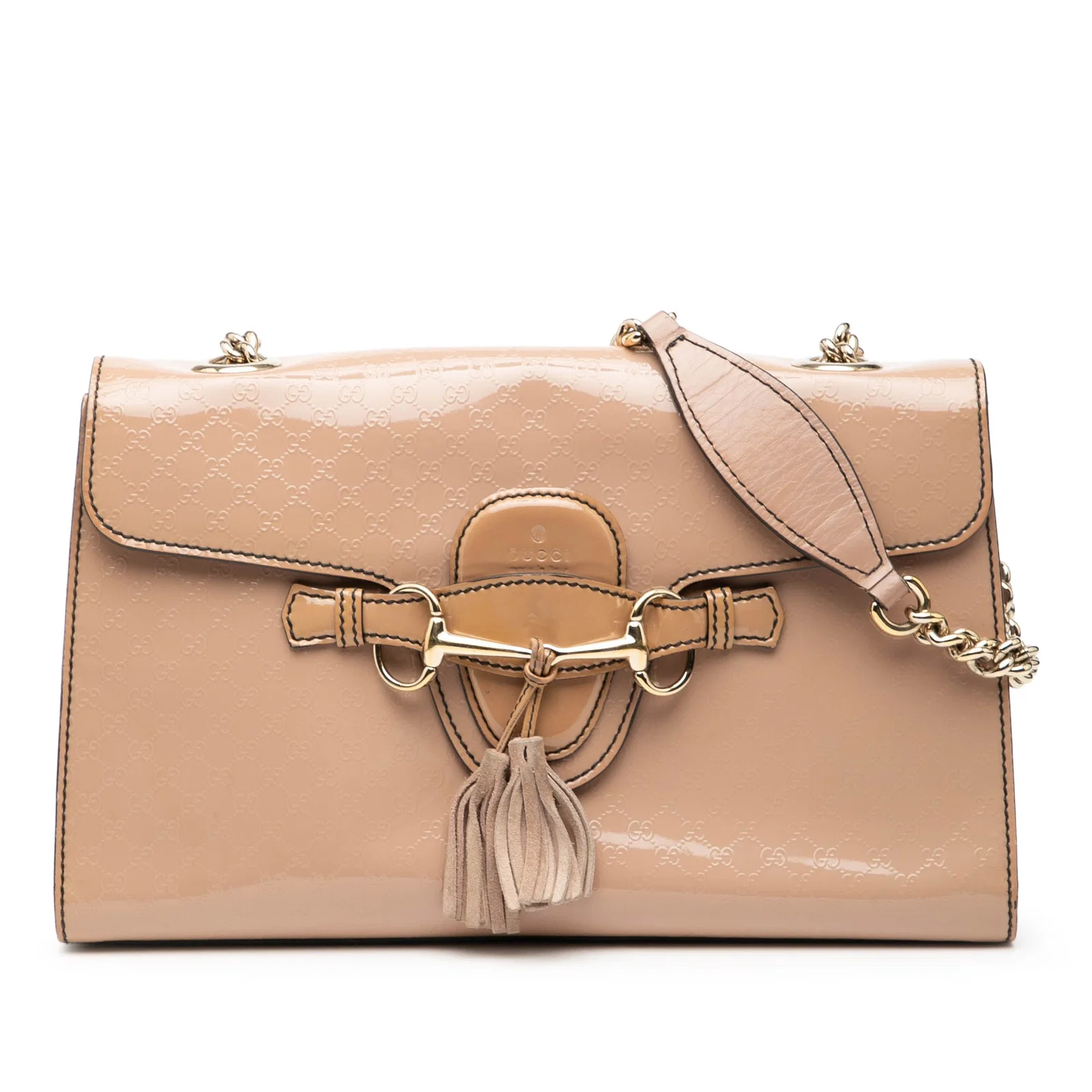 Gucci Emily Brown Patent Leather Shoulder Bag with Chain Strap and Tassel