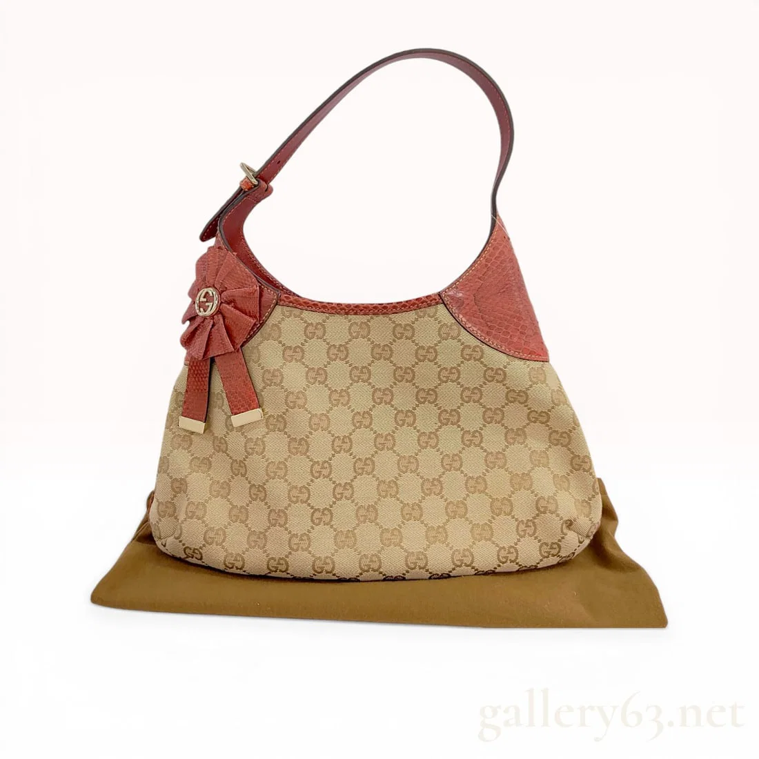 Gucci GG Canvas Trophy Shoulder Bag with Python Trim