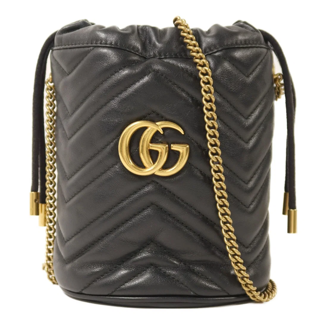 Gucci GG Marmont Black Calfskin Bucket Shoulder Bag with Chain