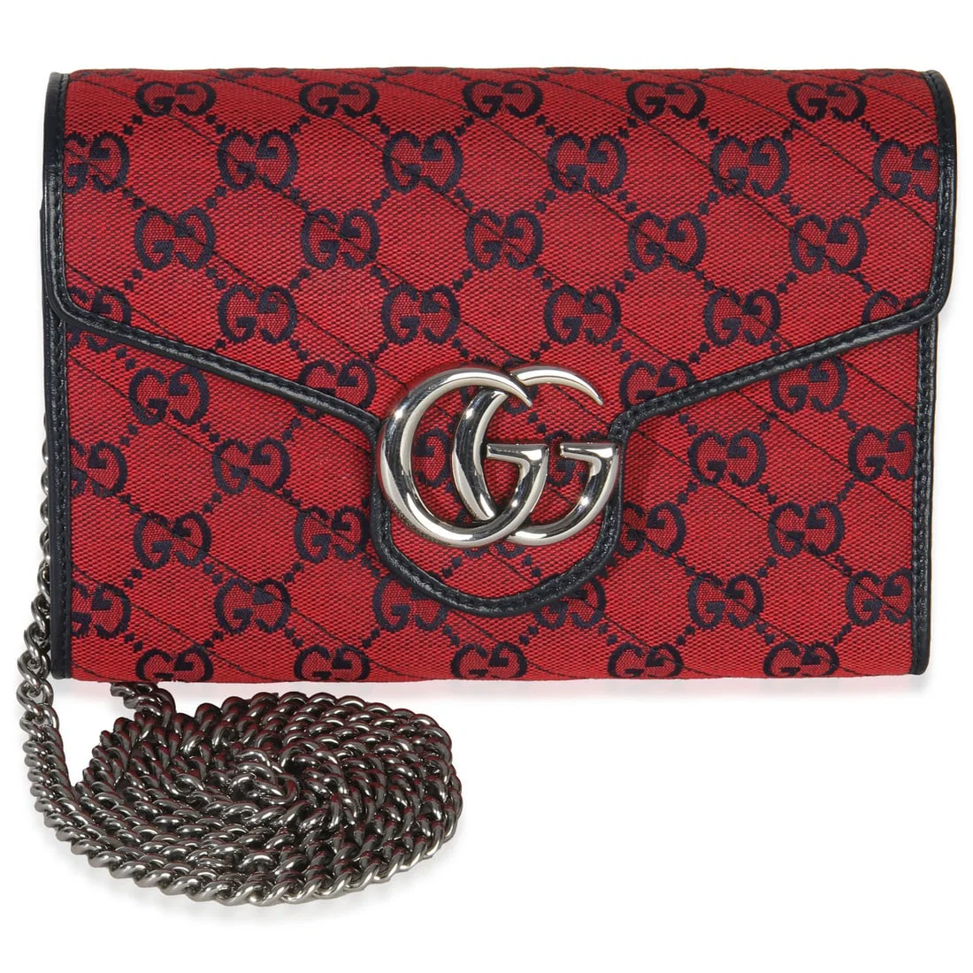 Gucci GG Marmont Canvas Chain Wallet Red and Blue with Removable Strap
