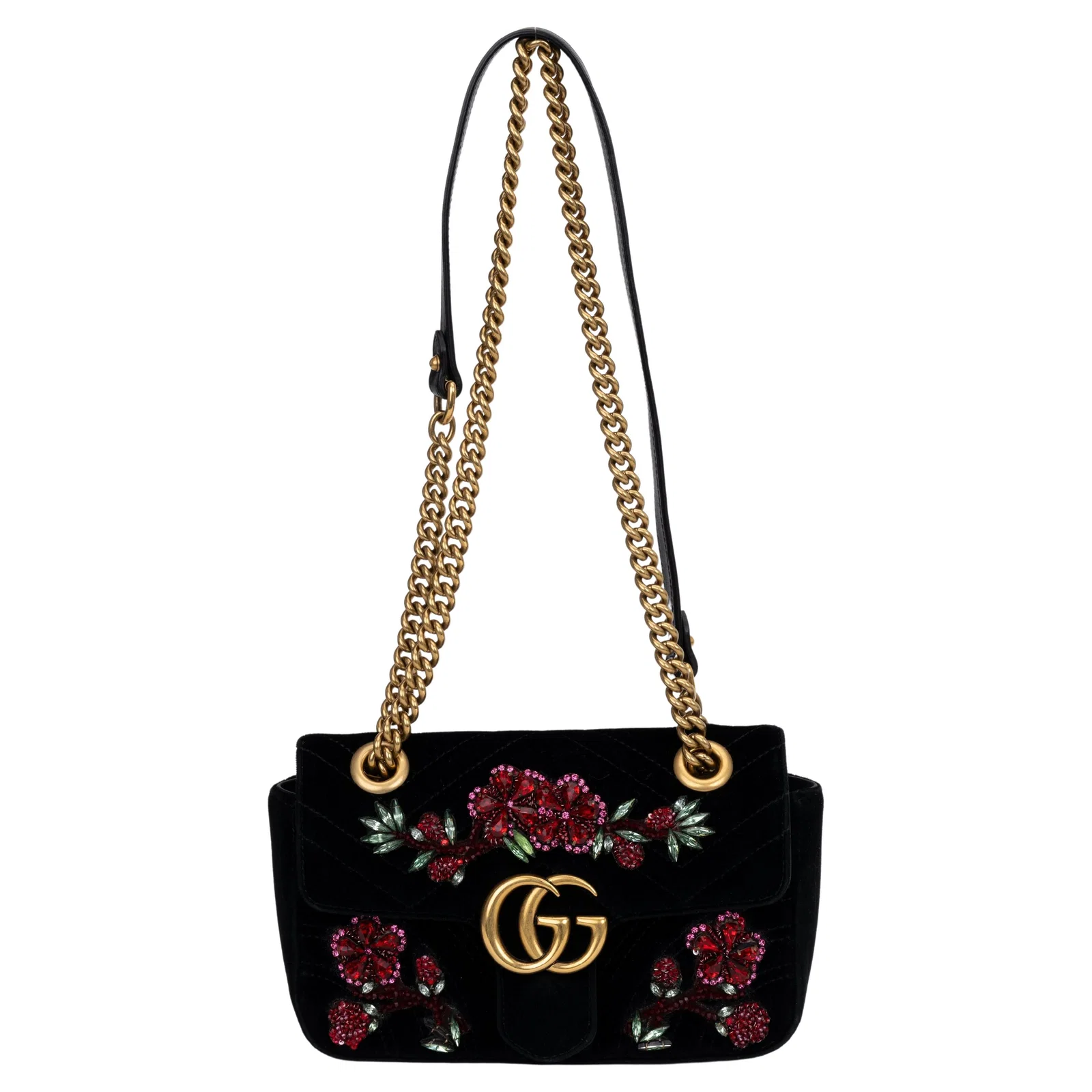 Gucci Marmont Black Velvet Beaded Flap Bag with Dust Cover