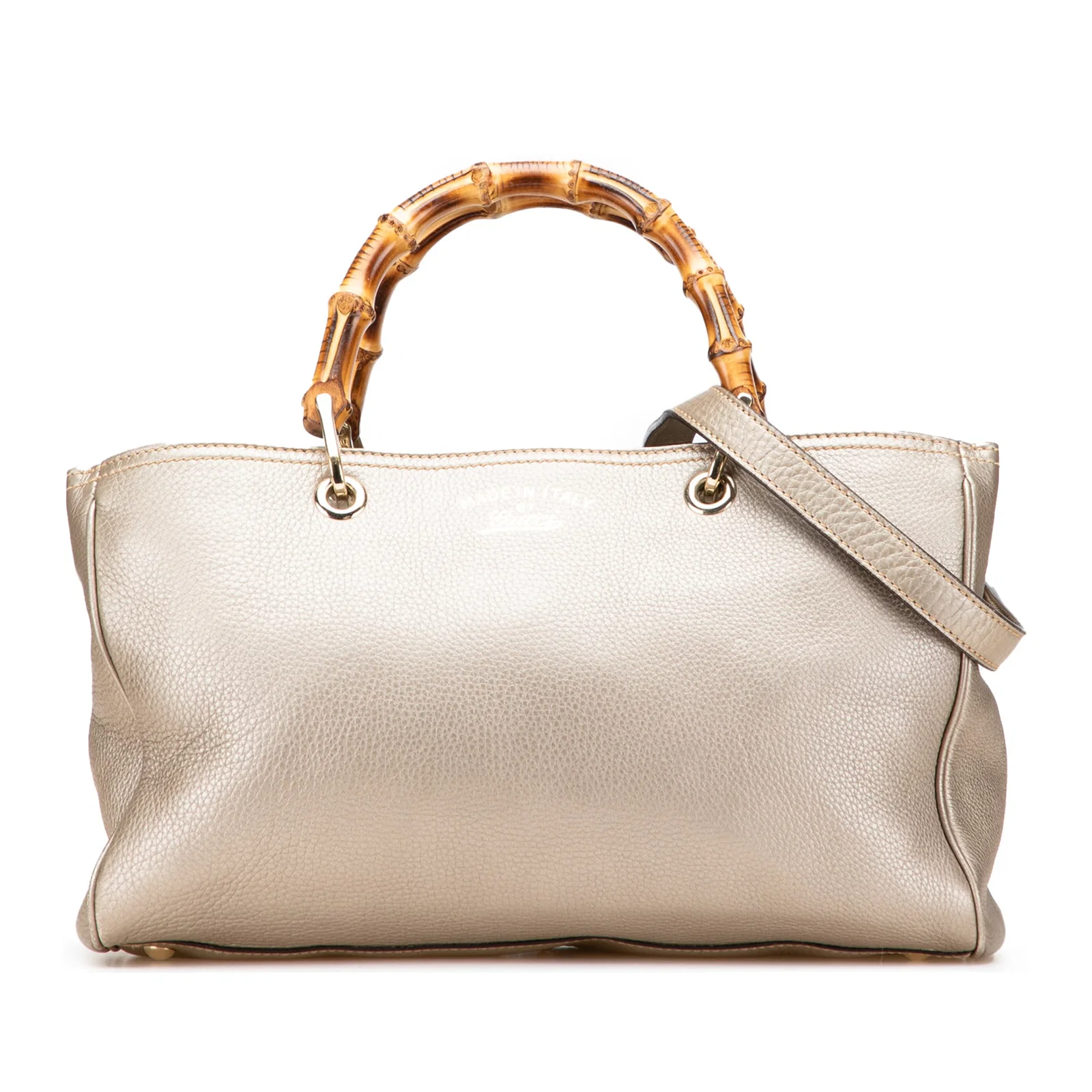 Gucci Medium Calfskin Bamboo Shopper Satchel Gold Leather Bag