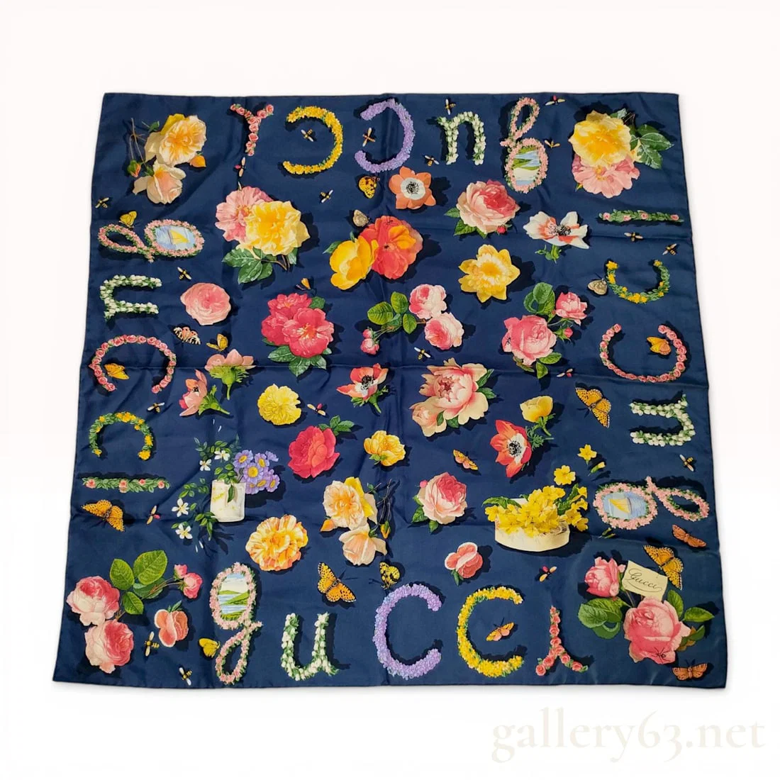 Gucci Navy Blue Silk Flora Botanical Scarf with Floral Lettering