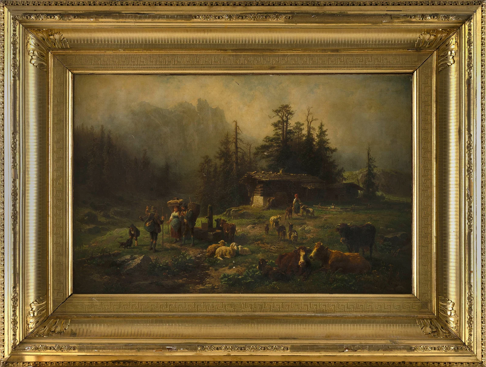 GUSTAV JAKOB CANTON (Germany, 1813-1885), Mountain farm scene., Oil on canvas, 26" x 38". Framed 42"