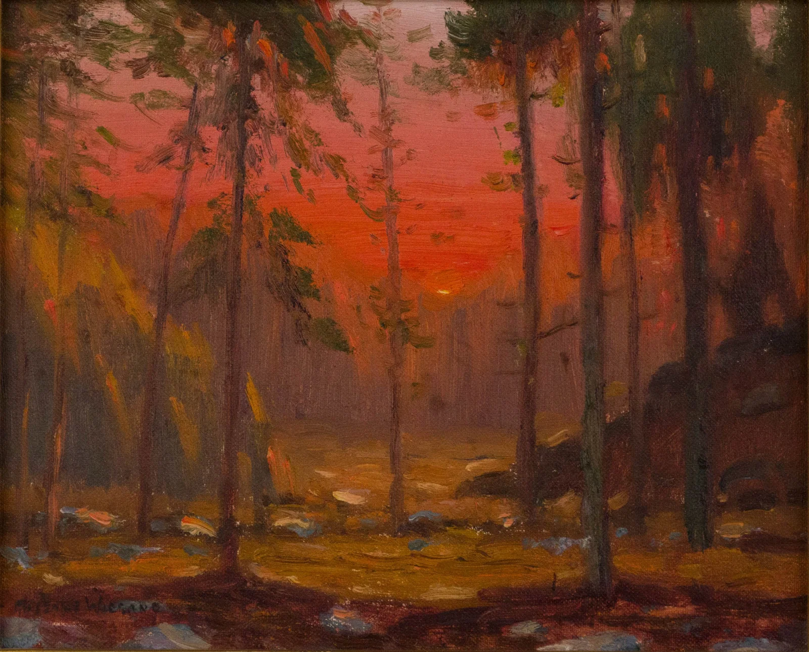 Gustave Adolph Wiegand, 1870-1957, Forest Landscape with Red Sky, Oil on Board