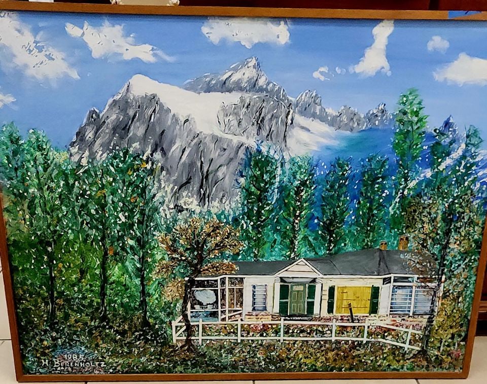H. Berenholtz, 48x40 signed 1985 textured impressionist country landscape mixed media oil painting.