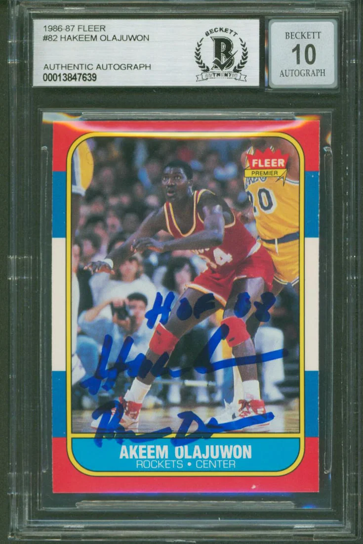 Hakeem Olajuwon Signed 1986 Fleer Rookie Card With Two Inscriptions Beckett Slab