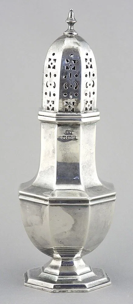 Hallmarked Silver Sugar Caster, Edward Viner Sheffield, 7"h, 171g.