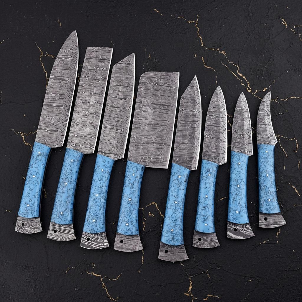 Hammered Damascus Steel 8pc Kitchen Knife Set with Turquoise Resin Handles and Leather Roll Bag