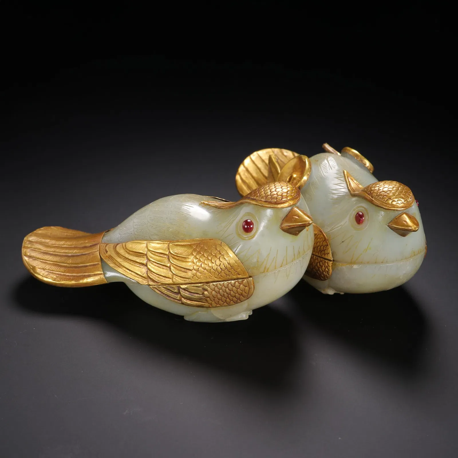 "HAN DYNASTY" JADE GILT "MANDARIN DUCK" PAIR