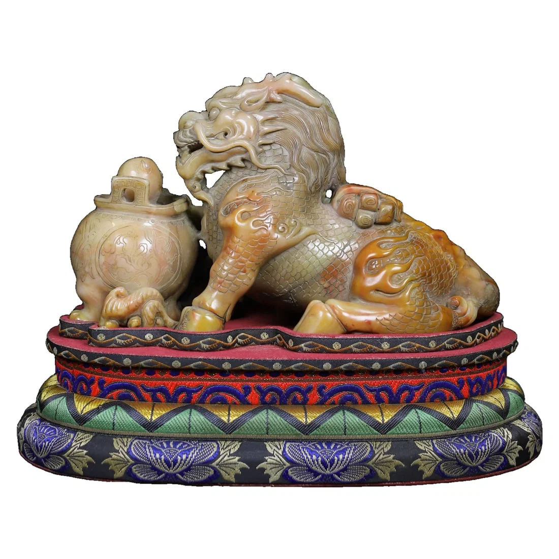 Hand-carved Shoushan stone qilin offering tripod ornament