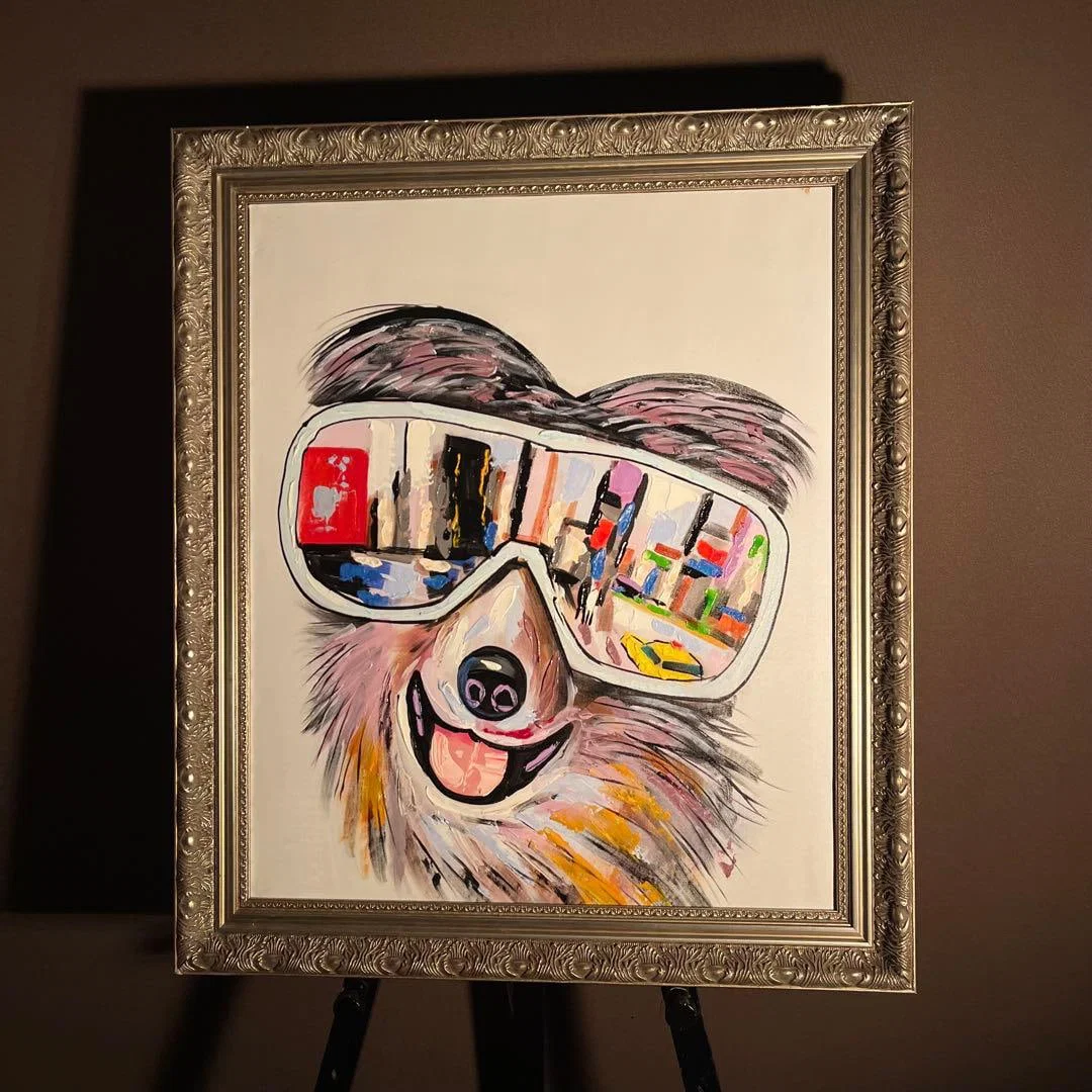 Hand-painted oil painting depicting a dog wearing goggles, an original artwork.