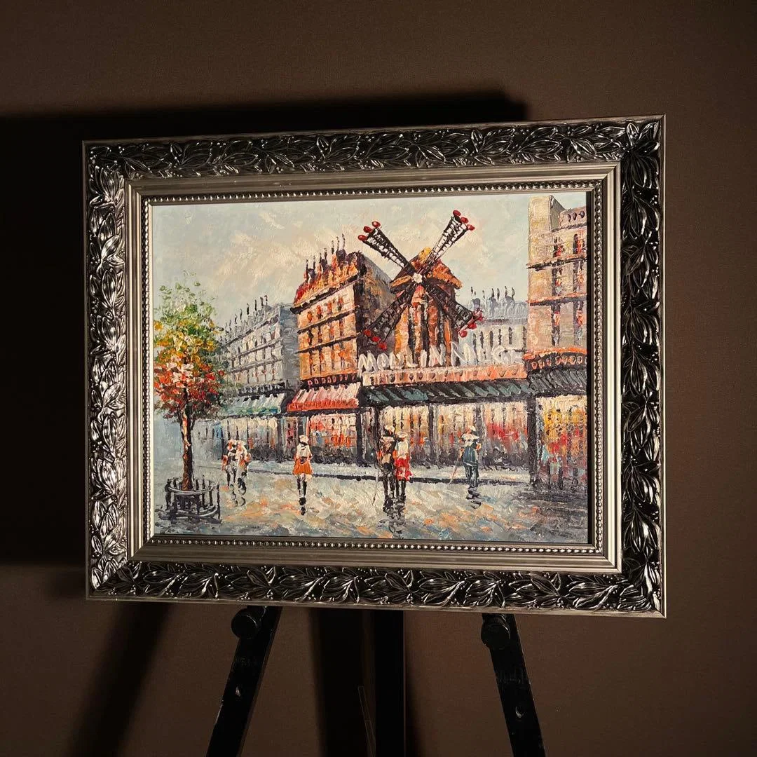 Hand-painted oil painting depicting a Parisian landscape, featuring the windmill of the Moulin